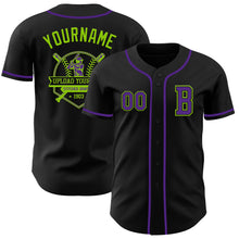 Load image into Gallery viewer, Custom Black Purple-Neon Green Authentic Baseball Jersey