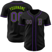 Load image into Gallery viewer, Custom Black Purple-Neon Green Authentic Baseball Jersey