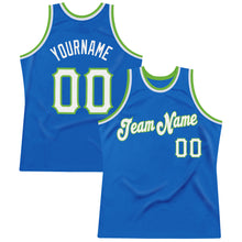 Load image into Gallery viewer, Custom Blue White-Neon Green Authentic Throwback Basketball Jersey