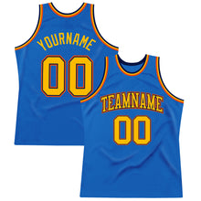 Load image into Gallery viewer, Custom Blue Gold Navy-Orange Authentic Throwback Basketball Jersey