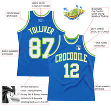 Load image into Gallery viewer, Custom Blue White-Neon Green Authentic Throwback Basketball Jersey