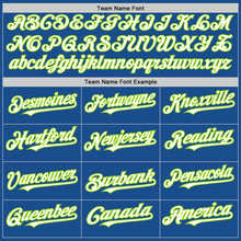 Load image into Gallery viewer, Custom Blue White-Neon Green Mesh Authentic Throwback Baseball Jersey