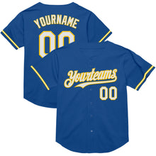 Load image into Gallery viewer, Custom Blue White-Yellow Mesh Authentic Throwback Baseball Jersey
