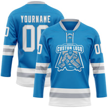 Load image into Gallery viewer, Custom Blue White-Gray Hockey Lace Neck Jersey