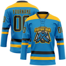 Load image into Gallery viewer, Custom Blue Black-Gold Hockey Lace Neck Jersey