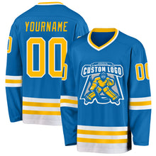 Load image into Gallery viewer, Custom Blue Gold-White Hockey Jersey