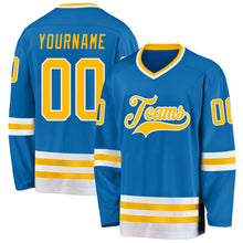 Load image into Gallery viewer, Custom Blue Gold-White Hockey Jersey