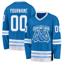Load image into Gallery viewer, Custom Blue White-Light Blue Hockey Jersey