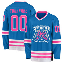 Load image into Gallery viewer, Custom Blue Pink-White Hockey Jersey