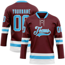 Load image into Gallery viewer, Custom Burgundy Sky Blue-White Hockey Lace Neck Jersey