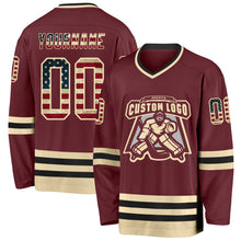 Load image into Gallery viewer, Custom Burgundy Vintage USA Flag Cream-Black Hockey Jersey