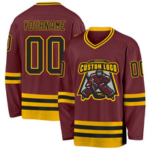 Load image into Gallery viewer, Custom Burgundy Black-Gold Hockey Jersey