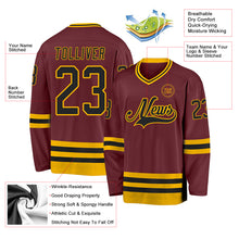Load image into Gallery viewer, Custom Burgundy Black-Gold Hockey Jersey