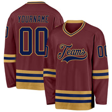 Load image into Gallery viewer, Custom Burgundy Navy-Old Gold Hockey Jersey