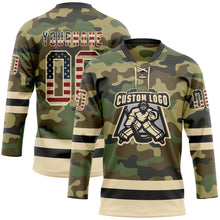 Load image into Gallery viewer, Custom Camo Vintage USA Flag Cream-Black Salute To Service Hockey Lace Neck Jersey