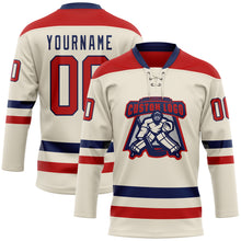 Load image into Gallery viewer, Custom Cream Red-Navy Hockey Lace Neck Jersey