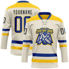 Load image into Gallery viewer, Custom Cream Royal-Yellow Hockey Lace Neck Jersey