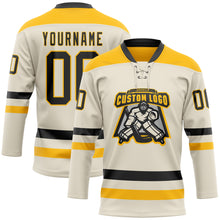 Load image into Gallery viewer, Custom Cream Black-Gold Hockey Lace Neck Jersey