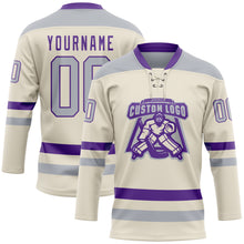 Load image into Gallery viewer, Custom Cream Gray-Purple Hockey Lace Neck Jersey