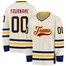 Load image into Gallery viewer, Custom Cream Navy Gold-Maroon Hockey Jersey