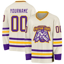 Load image into Gallery viewer, Custom Cream Purple-Gold Hockey Jersey