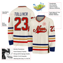 Load image into Gallery viewer, Custom Cream Red Old Gold-Navy Hockey Jersey