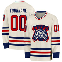 Load image into Gallery viewer, Custom Cream Red Navy-White Hockey Jersey