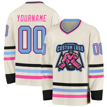 Load image into Gallery viewer, Custom Cream Light Blue Black-Pink Hockey Jersey