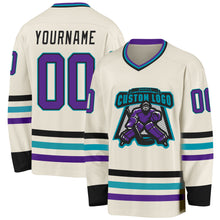 Load image into Gallery viewer, Custom Cream Purple Black-Teal Hockey Jersey