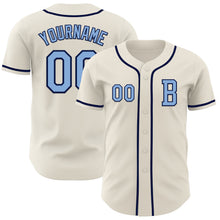 Load image into Gallery viewer, Custom Cream Light Blue-Navy Authentic Baseball Jersey