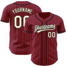 Load image into Gallery viewer, Custom Crimson Cream Pinstripe Black Authentic Baseball Jersey