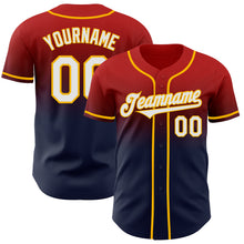 Load image into Gallery viewer, Custom Red Navy-Gold Authentic Fade Fashion Baseball Jersey