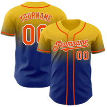 Load image into Gallery viewer, Custom Yellow Orange Royal-White Authentic Fade Fashion Baseball Jersey