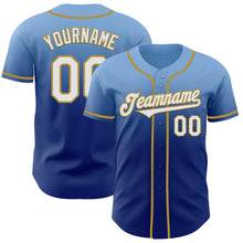 Load image into Gallery viewer, Custom Light Blue White Royal-Old Gold Authentic Fade Fashion Baseball Jersey