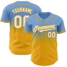 Load image into Gallery viewer, Custom Light Blue White-Gold Authentic Fade Fashion Baseball Jersey