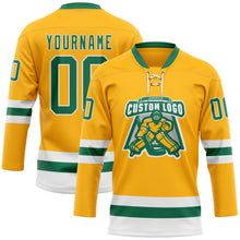 Load image into Gallery viewer, Custom Gold Kelly Green-White Hockey Lace Neck Jersey