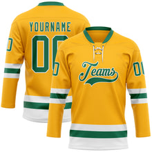 Load image into Gallery viewer, Custom Gold Kelly Green-White Hockey Lace Neck Jersey