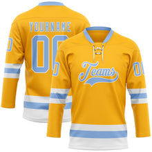 Load image into Gallery viewer, Custom Gold Light Blue-White Hockey Lace Neck Jersey