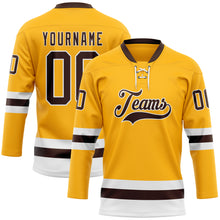 Load image into Gallery viewer, Custom Gold Brown-White Hockey Lace Neck Jersey