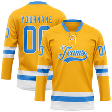 Load image into Gallery viewer, Custom Gold Powder Blue-White Hockey Lace Neck Jersey