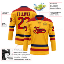Load image into Gallery viewer, Custom Gold Red-Navy Hockey Lace Neck Jersey