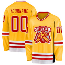 Load image into Gallery viewer, Custom Gold Red-White Hockey Jersey