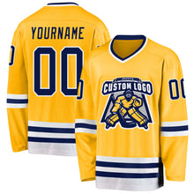 Load image into Gallery viewer, Custom Gold Navy-White Hockey Jersey