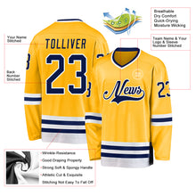 Load image into Gallery viewer, Custom Gold Navy-White Hockey Jersey