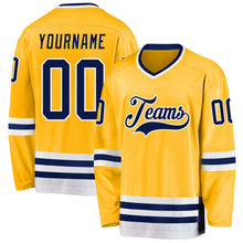 Load image into Gallery viewer, Custom Gold Navy-White Hockey Jersey
