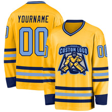 Load image into Gallery viewer, Custom Gold Light Blue-Navy Hockey Jersey