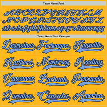 Load image into Gallery viewer, Custom Gold Light Blue-Navy Hockey Jersey