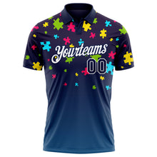 Load image into Gallery viewer, Custom Navy White 3D Pattern Design Autism Awareness Puzzle Pieces Performance Golf Polo Shirt