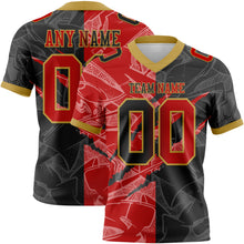 Load image into Gallery viewer, Custom Black Red-Old Gold Mesh Authentic Gradient Fashion Scratch Football Jersey