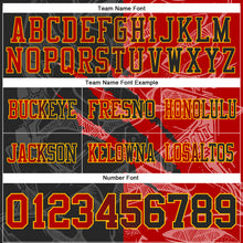 Load image into Gallery viewer, Custom Black Red-Gold Mesh Authentic Gradient Fashion Scratch Football Jersey